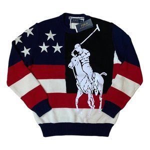 NEW POLO RALPH LAUREN Men's Big Pony Americana Flag Crew Neck Sweater Size S M L